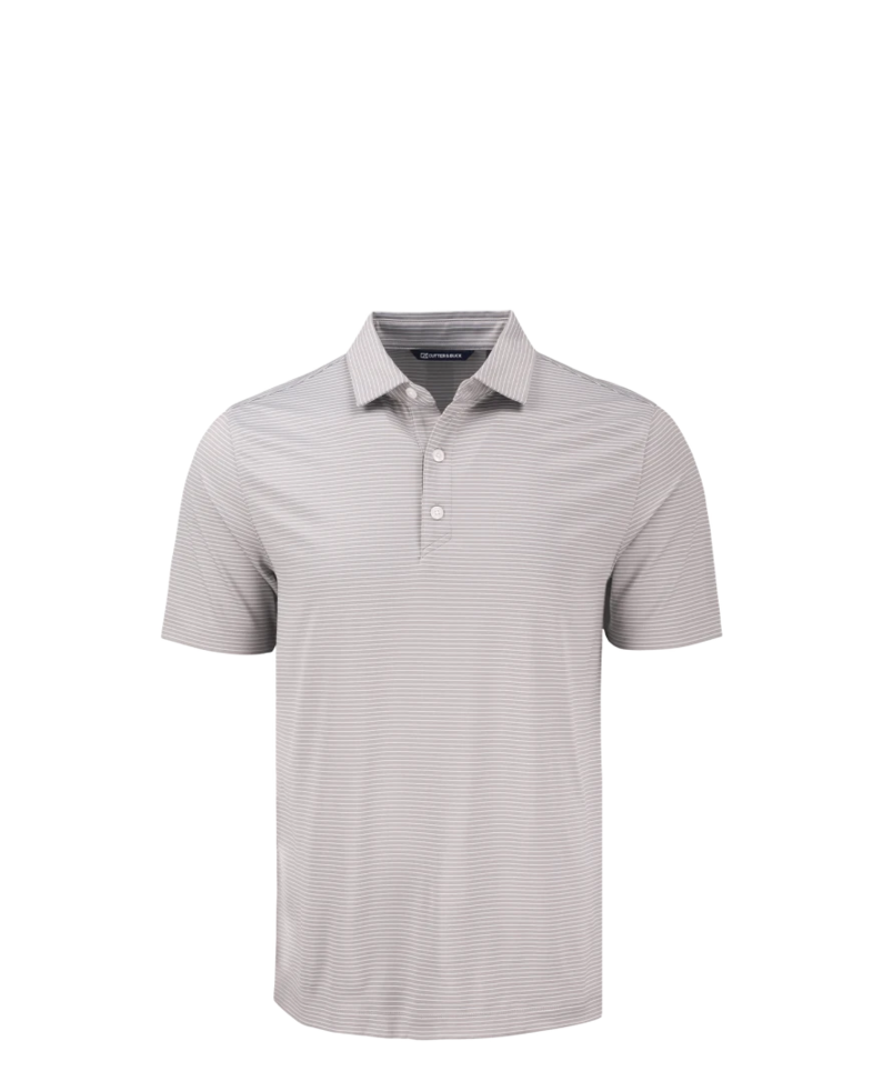 Image of a model wearing a MCK01346 Cutter & Buck Forge Eco Fine Line Stripe Stretch Recycled Mens Polo