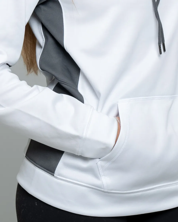 Closeup of a LST235 Sport-Tek Ladies Sport-Wick Fleece Colorblock Hooded Pullover