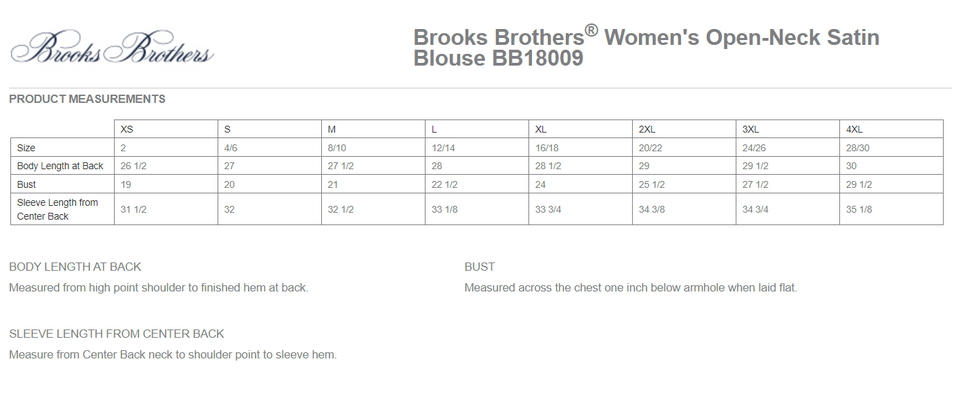 Size chart for a BB18009 Brooks Brothers® Women’s Open-Neck Satin Blouse