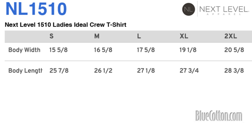 Size chart for a Next Level 1510 Ladies Ideal Crew T-Shirt