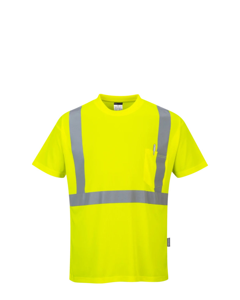 Image of a model wearing a S190 Portwest Hi-Vis Pocket T-Shirt