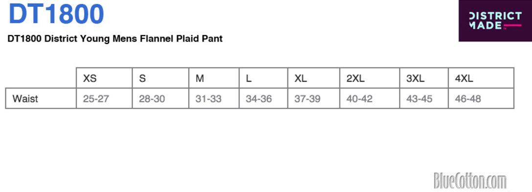 Size chart for a DT1800 District Young Mens Flannel Plaid Pant