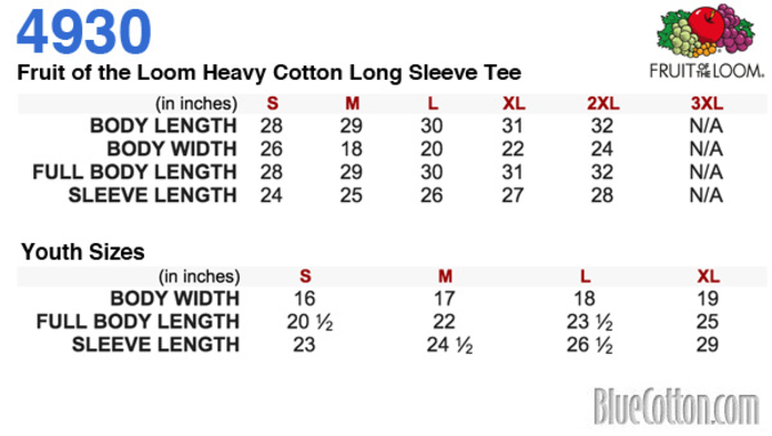 Size chart for a 4930 Fruit of the Loom Heavy Cotton Long Sleeve Neon and Safety Colors Tee