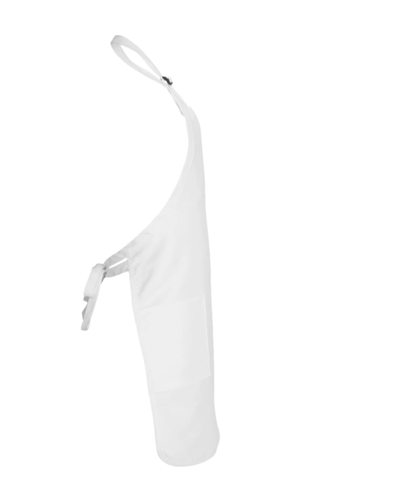 Image of a model wearing a Q4350 Q-Tees Full-Length Apron with Pockets