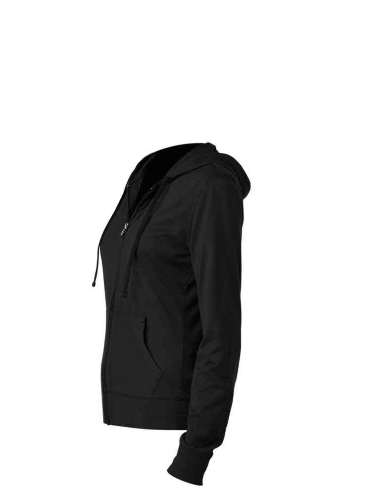 Image of a model wearing a DT2100 District Juniors Jersey Full-Zip T-shirt Hoodie