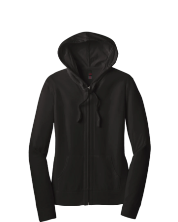 Model wearing a DT2100 District Juniors Jersey Full-Zip T-shirt Hoodie