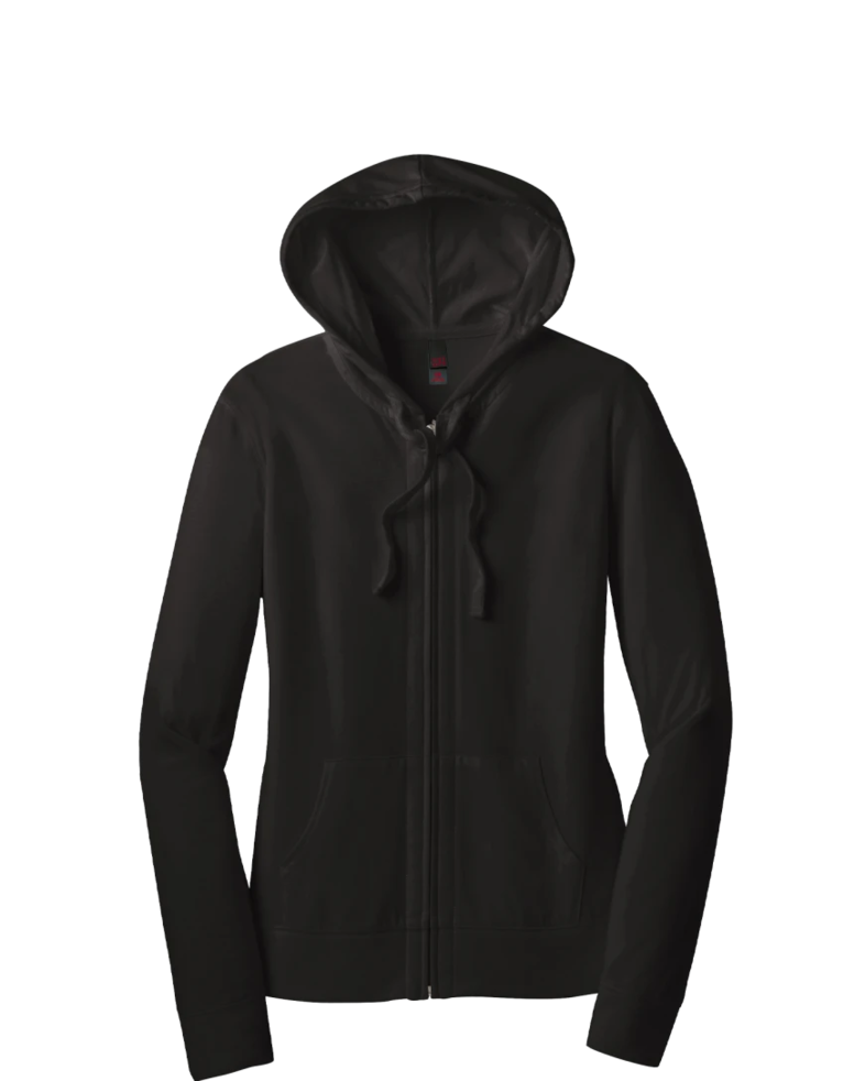 Image of a model wearing a DT2100 District Juniors Jersey Full-Zip T-shirt Hoodie