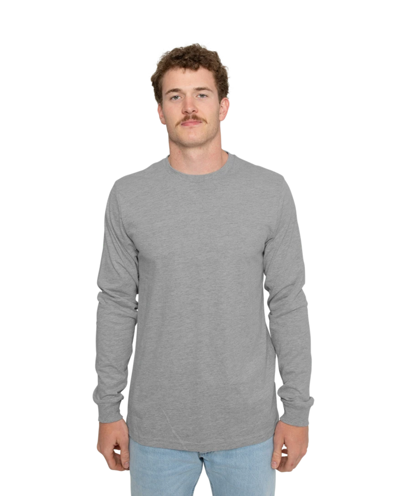 Image of a model wearing a 3501CVC Bella + Canvas Unisex Heather CVC Long Sleeve Tee