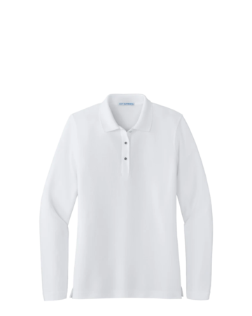 Model wearing a L500LS Port Authority Ladies' Silk Touch Long Sleeve Polo