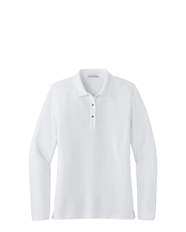 Image of a model wearing a L500LS Port Authority Ladies' Silk Touch Long Sleeve Polo