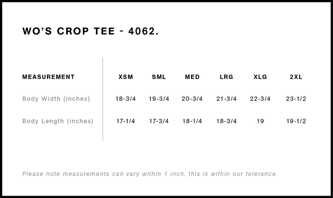 Size chart for a 4062 AS Colour Women's Crop Tee
