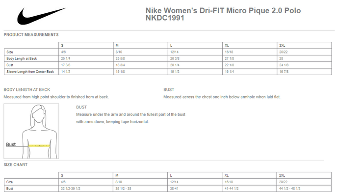 Size chart for a NKDC1991 Nike Women's Dri-FIT Micro Pique 2.0 Polo