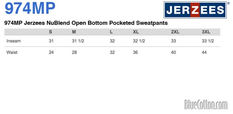 Size chart for a 974MP Jerzees NuBlend Open Bottom Pocketed Sweatpants