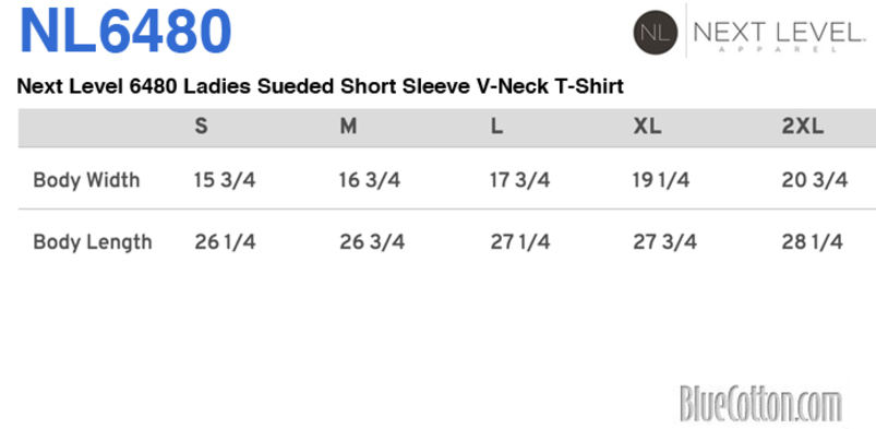 Size chart for a Next Level 6480 Ladies Sueded Short Sleeve V-Neck T-Shirt
