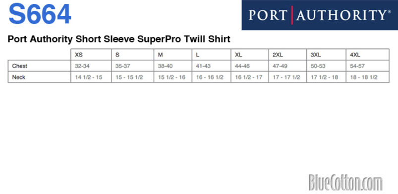 Size chart for a S664 Port Authority Short Sleeve SuperPro Twill Shirt