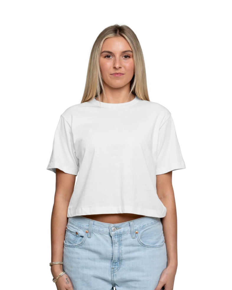 Image of a model wearing a 102 American Apparel Women's Fine Jersey Boxy Tee