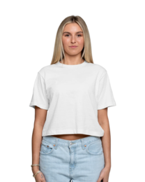 Image of a model wearing 102 American Apparel Women's Fine Jersey Boxy Tee