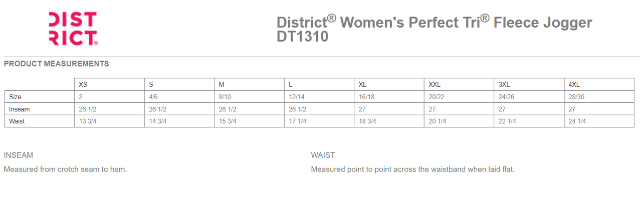 Size chart for a DT1310 District® Women’s Perfect Tri® Fleece Jogger