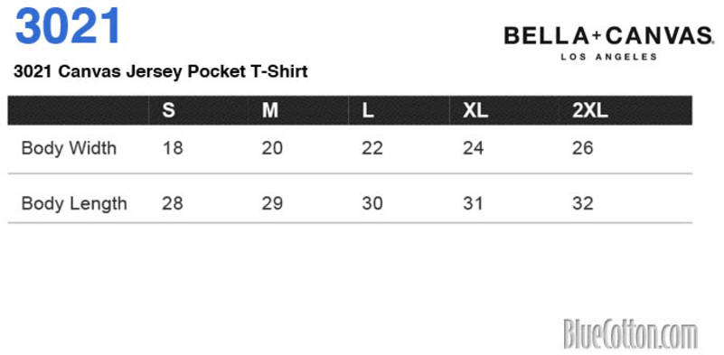Size chart for a 3021 Bella + Canvas Jersey Pocket T-Shirt