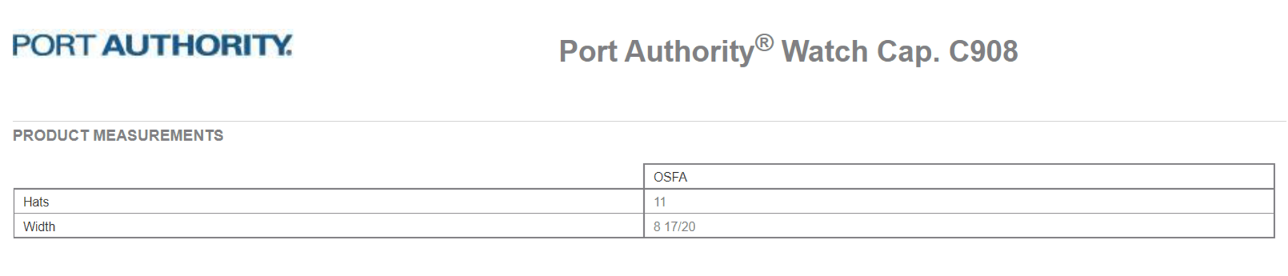 Size chart for a C908 Port Authority Watch Cap