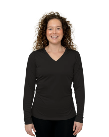 Model wearing a LST353LS Sport-Tek Ladies Long Sleeve V-Neck PosiCharge Competitor Tee