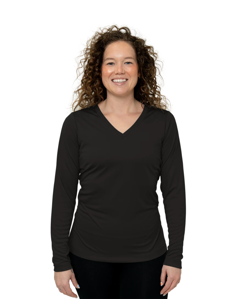 Image of a model wearing a LST353LS Sport-Tek Ladies Long Sleeve V-Neck PosiCharge Competitor Tee