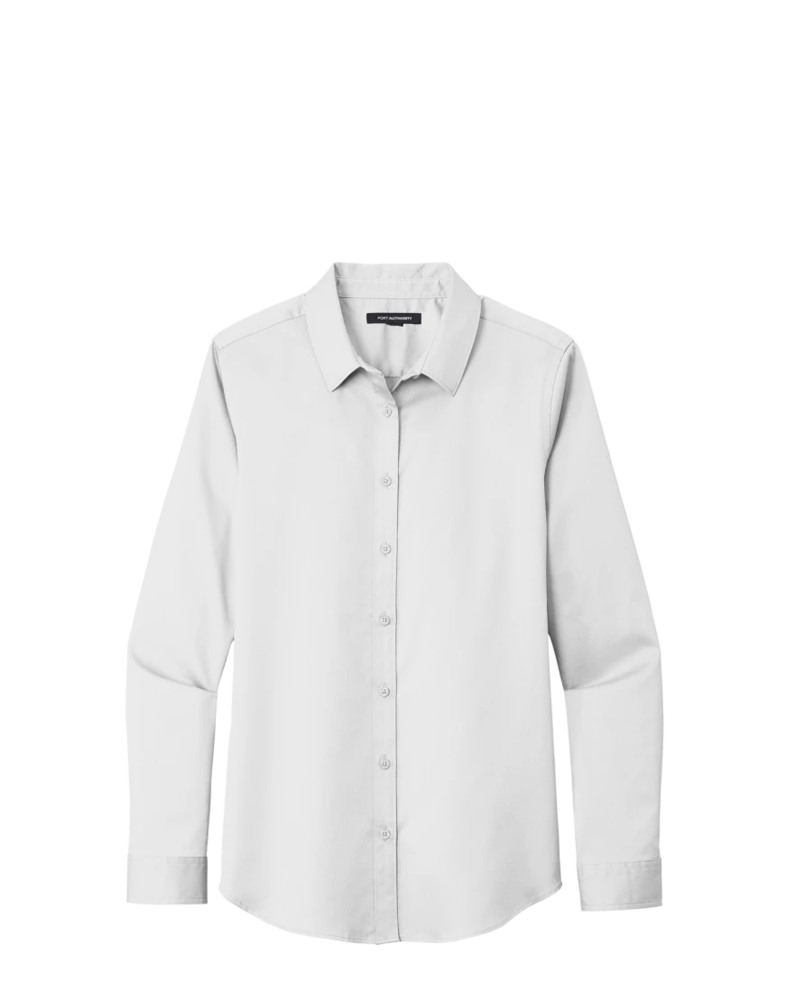 Image of a model wearing a LW808 Port Authority Ladies Long Sleeve SuperPro React Twill Shirt