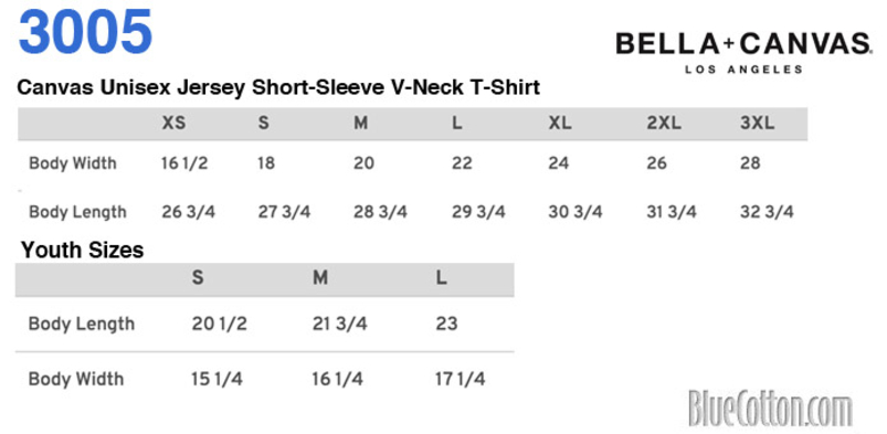 Size chart for a 3005 Bella + Canvas Unisex Jersey Short-Sleeve V-Neck T-Shirt