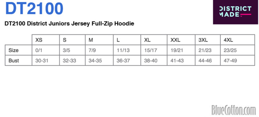 Size chart for a DT2100 District Juniors Jersey Full-Zip T-shirt Hoodie