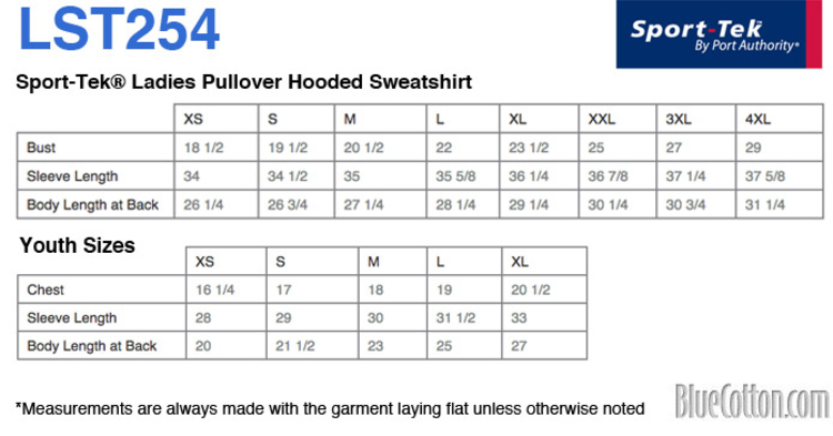 Size chart for a LST254 Sport-Tek Ladies Pullover Hooded Sweatshirt