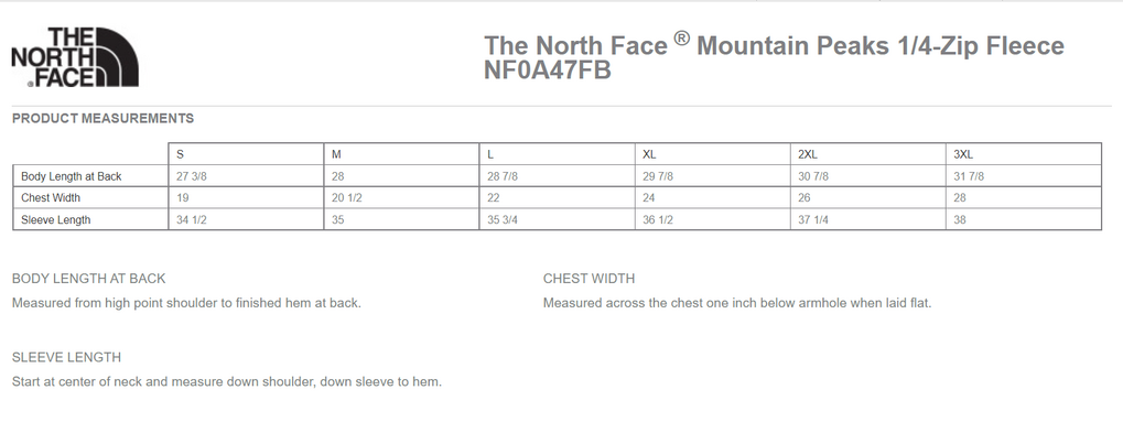 Size chart for a NF0A47FB The North Face Mountain Peaks 1/4-Zip Fleece