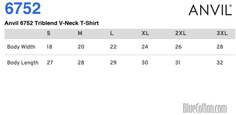 Size chart for a Anvil 6752 Triblend V-Neck T-Shirt