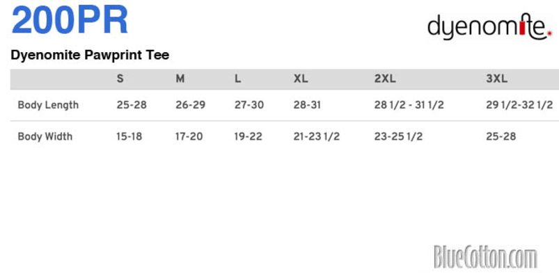 Size chart for a 200PR Dyenomite Pawprint Tee
