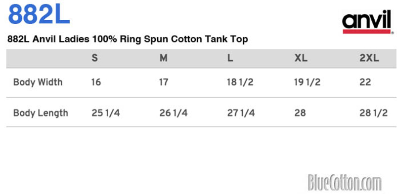 Size chart for a 882L Anvil Ladies 100% Ring Spun Cotton Tank Top