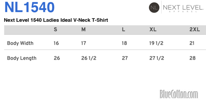 Size chart for a Next Level 1540 Ladies Ideal V-Neck T-Shirt