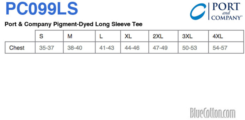 Size chart for a PC099LS Port & Company Pigment-Dyed Long Sleeve Tee