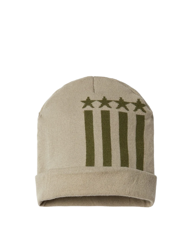 Image of a model wearing a RK12 CAP AMERICA USA-Made Patriotic Cuffed Beanie