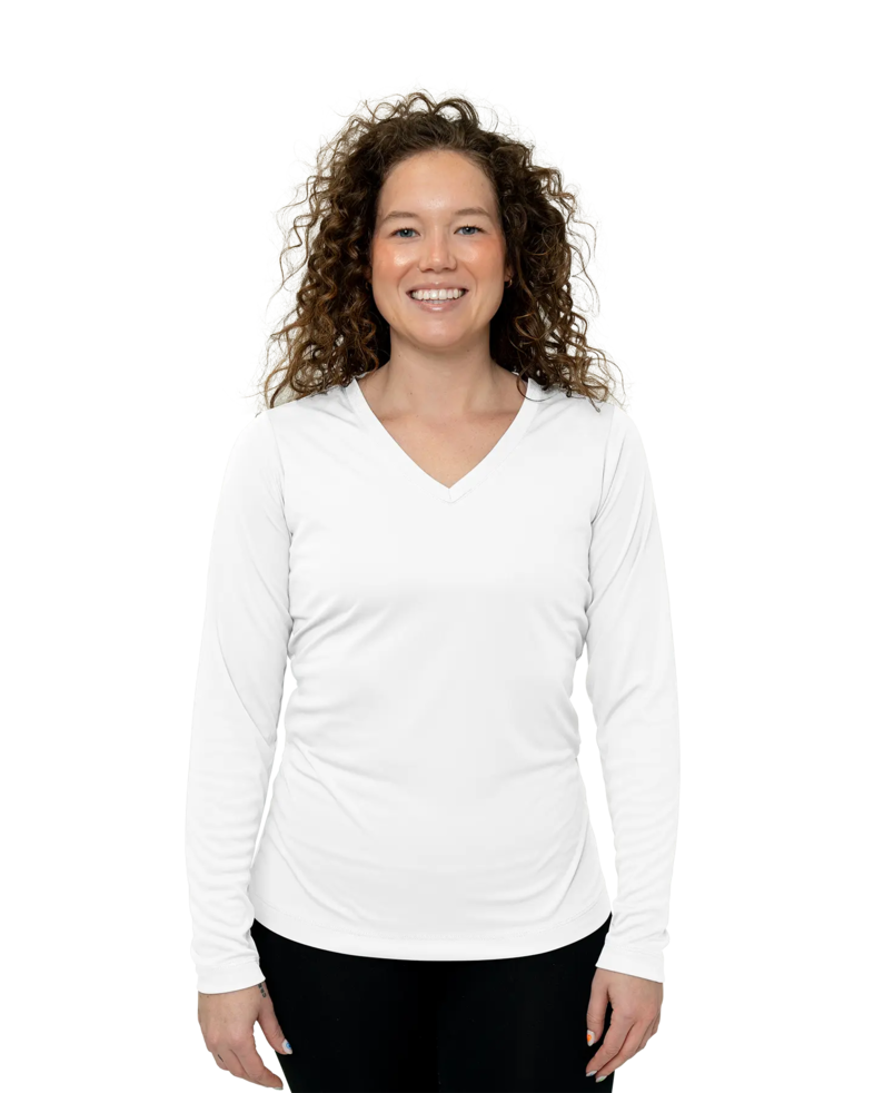 Image of a model wearing a LST353LS Sport-Tek Ladies Long Sleeve V-Neck PosiCharge Competitor Tee