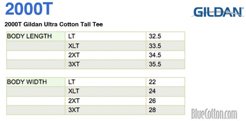 Size chart for a 2000T Gildan Ultra Cotton Tall Tee