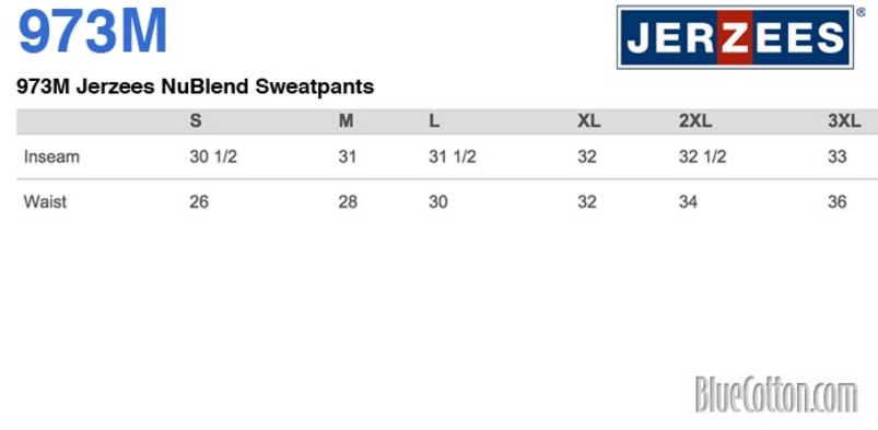 Size chart for a 973M Jerzees NuBlend Sweatpants