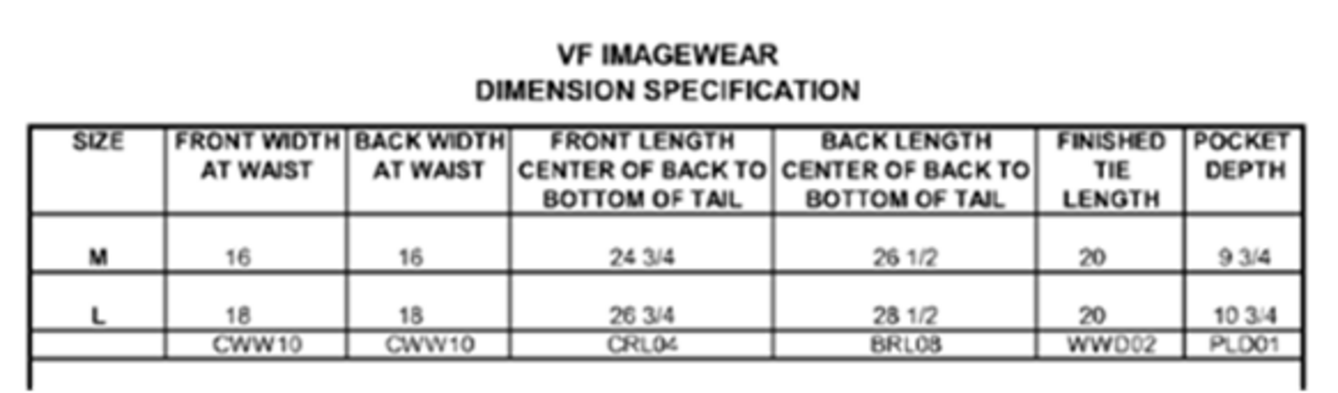 Size chart for a TP61 Chef Designs - Cobbler Apron