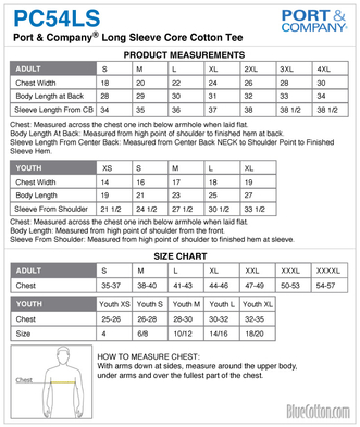 Size chart for a PC54LS Port & Company Long Sleeve Core Cotton Tee