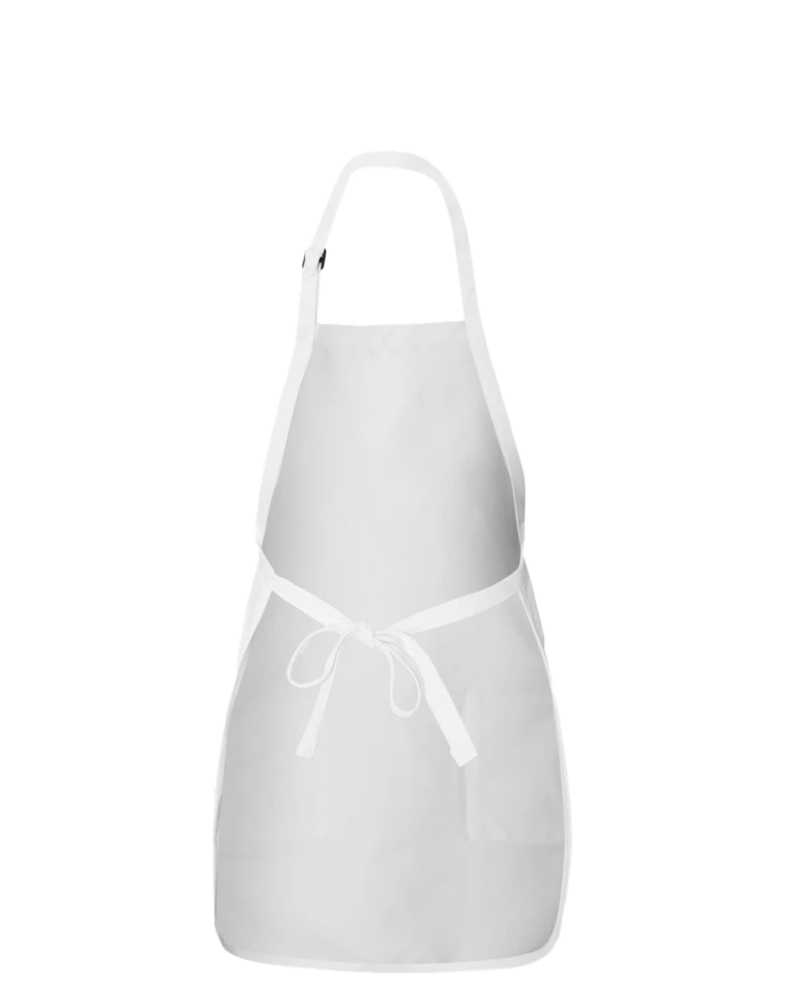 Image of a model wearing a Q4350 Q-Tees Full-Length Apron with Pockets