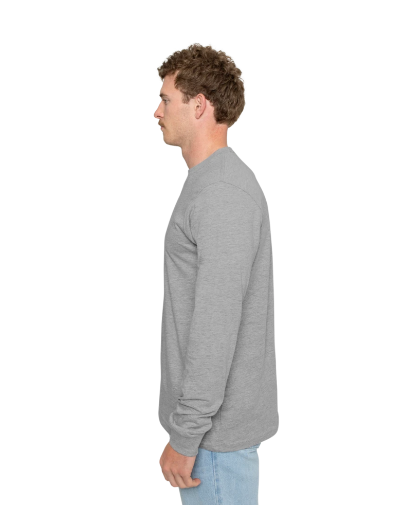 Image of a model wearing a 3501CVC Bella + Canvas Unisex Heather CVC Long Sleeve Tee