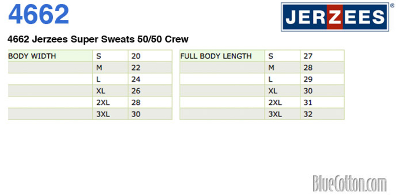 Size chart for a 4662 Jerzees Super Sweats 50/50 Crew