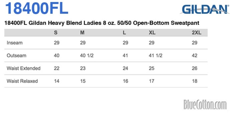 Size chart for a 18400FL Gildan Heavy Blend Ladies 8 oz. 50/50 Open-Bottom Sweatpant