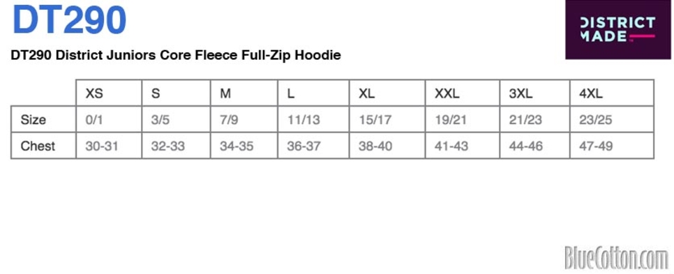 Size chart for a DT290 District Juniors Core Fleece Full-Zip Hoodie