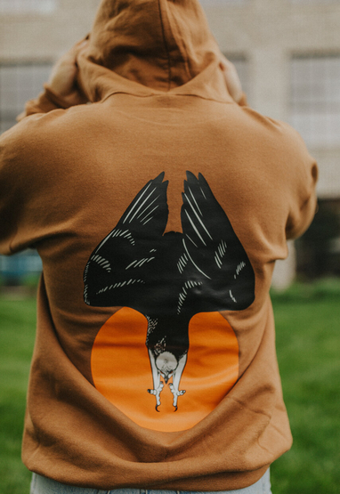 Customer wearing a 996M Jerzees NuBlend Hooded Sweatshirt