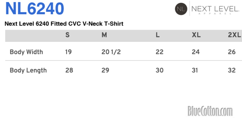 Size chart for a Next Level 6240 Fitted CVC V-Neck T-Shirt