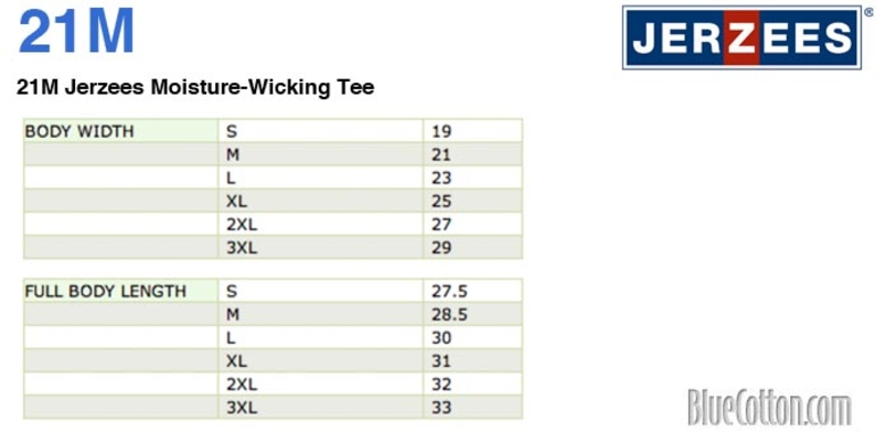 Size chart for a 21M Jerzees Moisture-Wicking Tee
